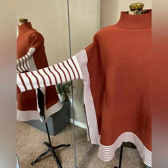 Chicwish Mock Neck Poncho Sweater Pullover Burnt Orange Striped Size S / M - Picture 4 of 13